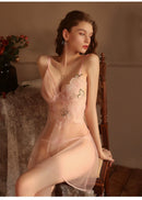 2-Piece Set Sexy Semi See-through Pink Polyester Lace Chiffon Dress/ Camisole with G-String, Lower Back Opening