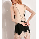 Sexy Backless Mulberry Silk Sleep Dress with Lace Hemline for Summer (Black/ White)